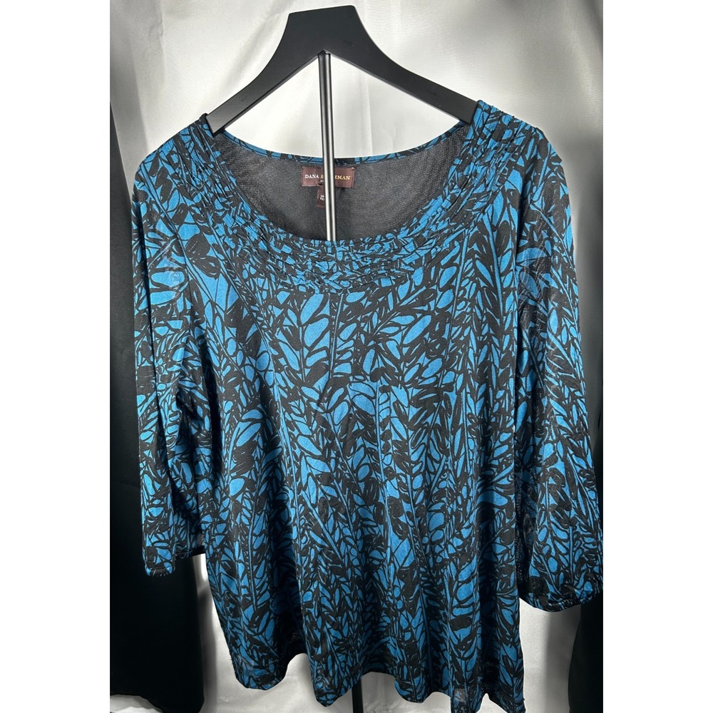 Dana Buchman Blue Black Blouse Boho Chic Career Workwear Draped Top Women's 1X